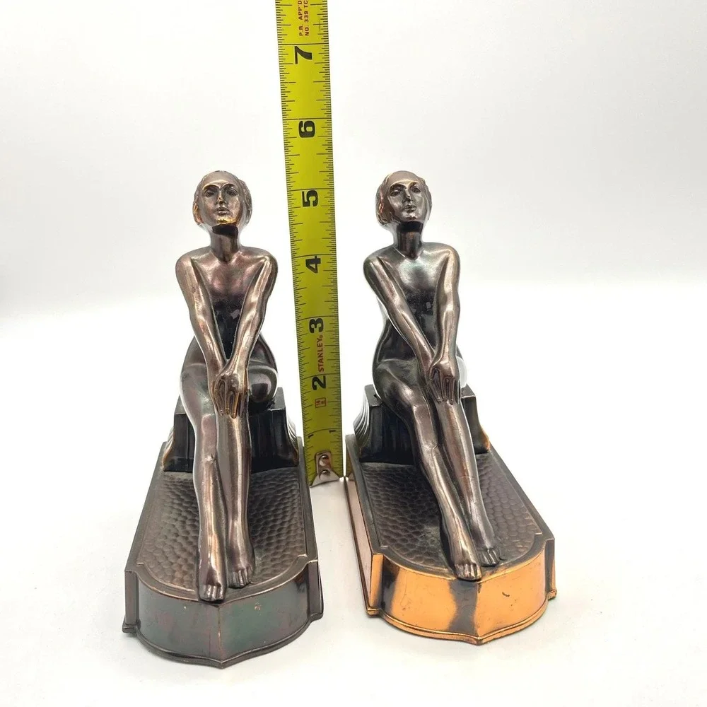 Vintage Art Deco Bronze Tone Clad Seated Nude Female Bookends Japan Pair Patina